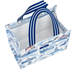 Cartoon-style box with blue and white striped handles on a white background