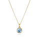 Gold necklace with a blue gemstone pendant on a white background