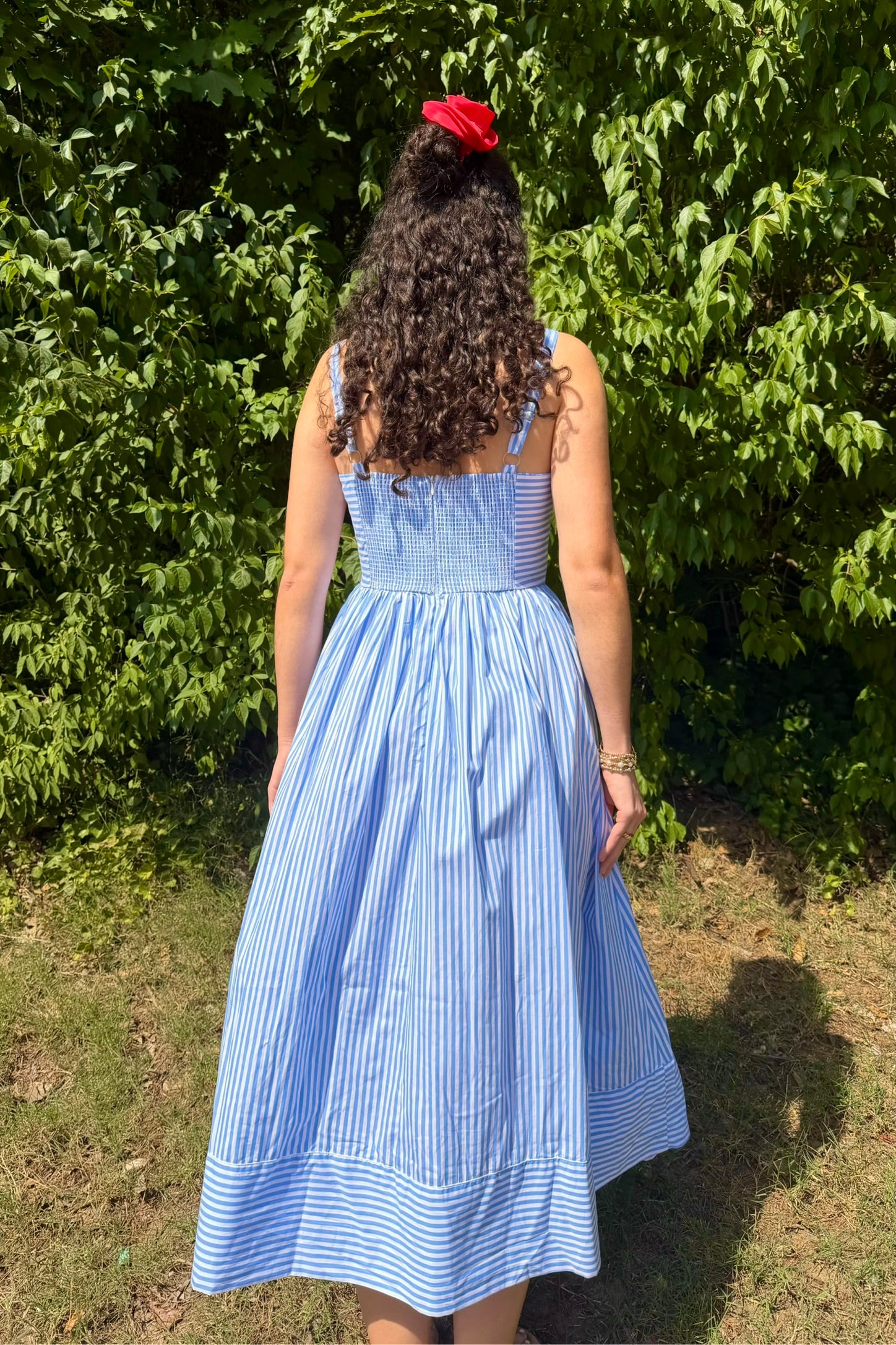 Zoe & Claire Woven Stripe Printed Dress- Sky Blue Stripe