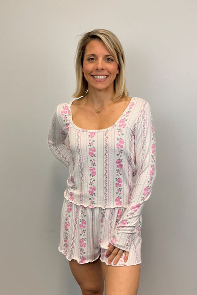 light floral stripes elastic waist short 