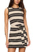 woman wearing black and tan striped mini dress on white background