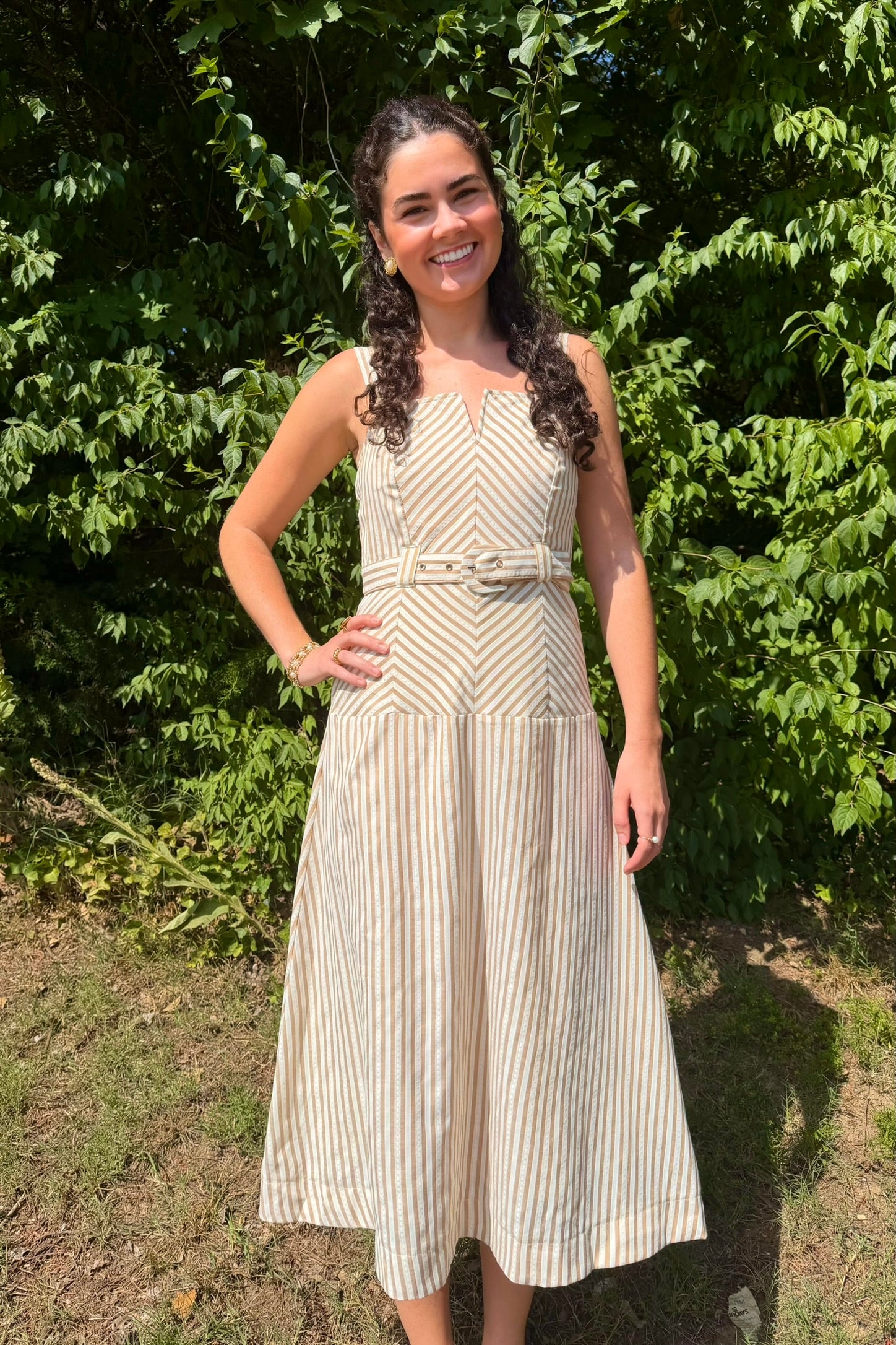 Zoe & Claire Belted Stripe Dress- Brown