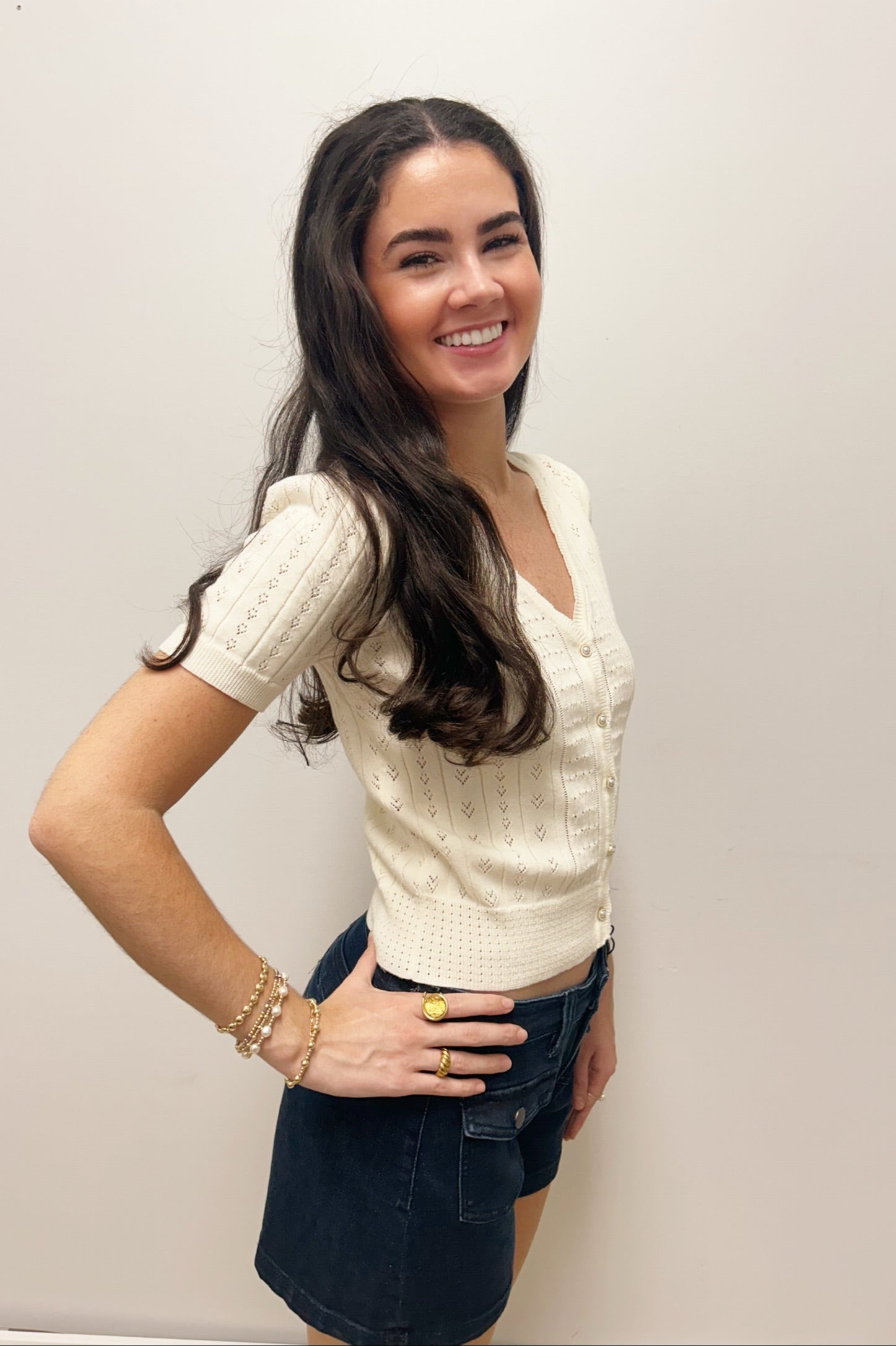Zoe and Claire Short Sleeve Button Up Sweater