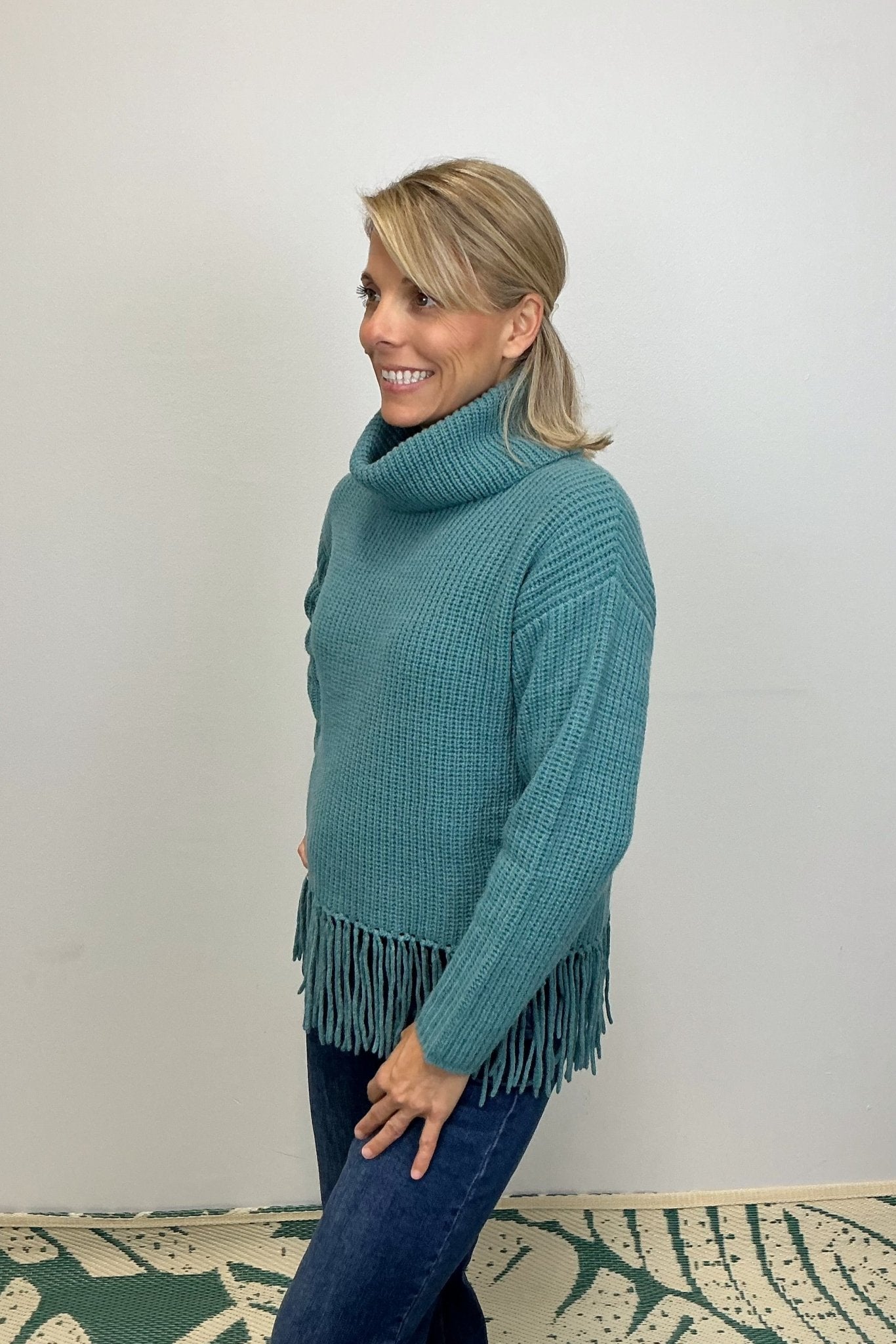 Alashan Cashmere Kaia Shaker Turtleneck w/ Fringe - Balsam - Alashan Cashmere Co.