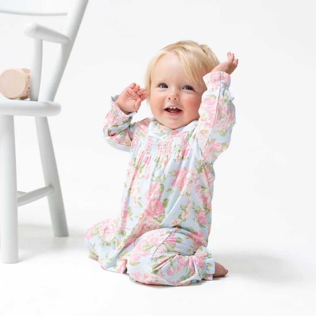 Angel Dear Smocked Long Sleeve Romper In Angeline Floral - Angel Dear
