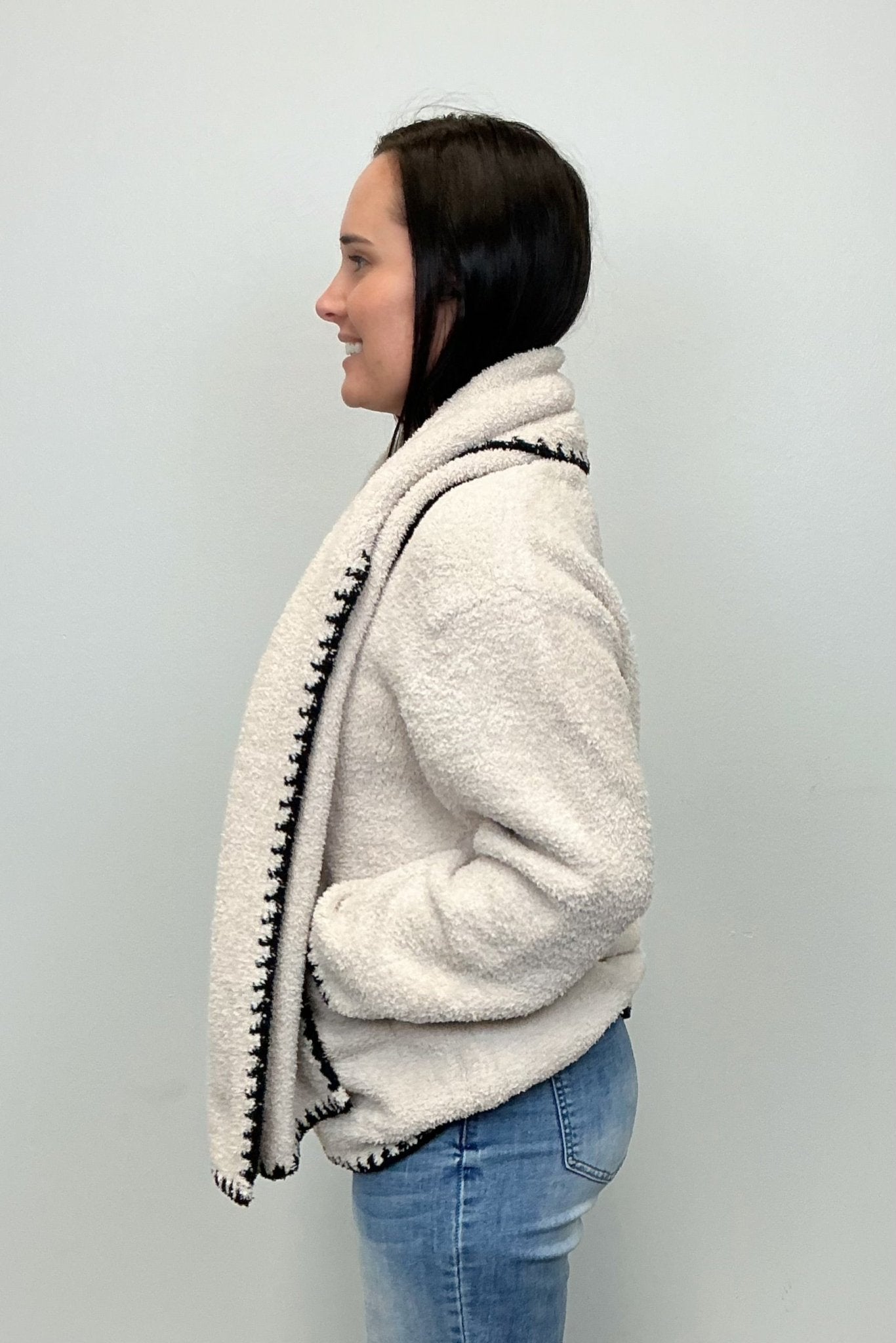 Barefoot Dreams CozyChic Blanket Stitch Cardigan - Stone - Barefoot Dreams