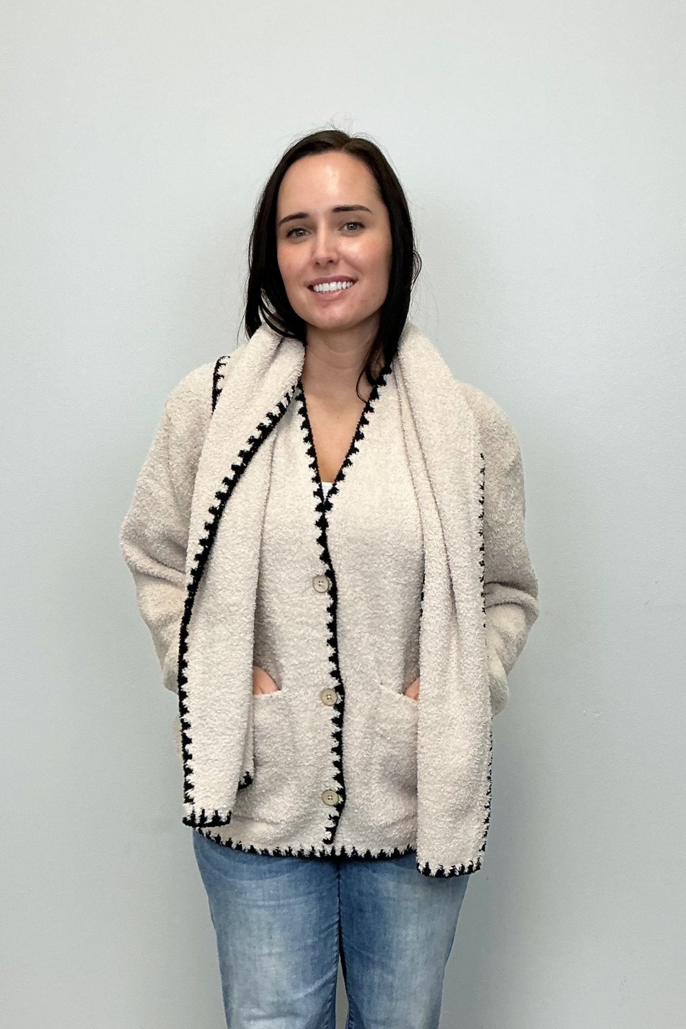 Barefoot Dreams CozyChic Blanket Stitch Cardigan - Stone - Barefoot Dreams