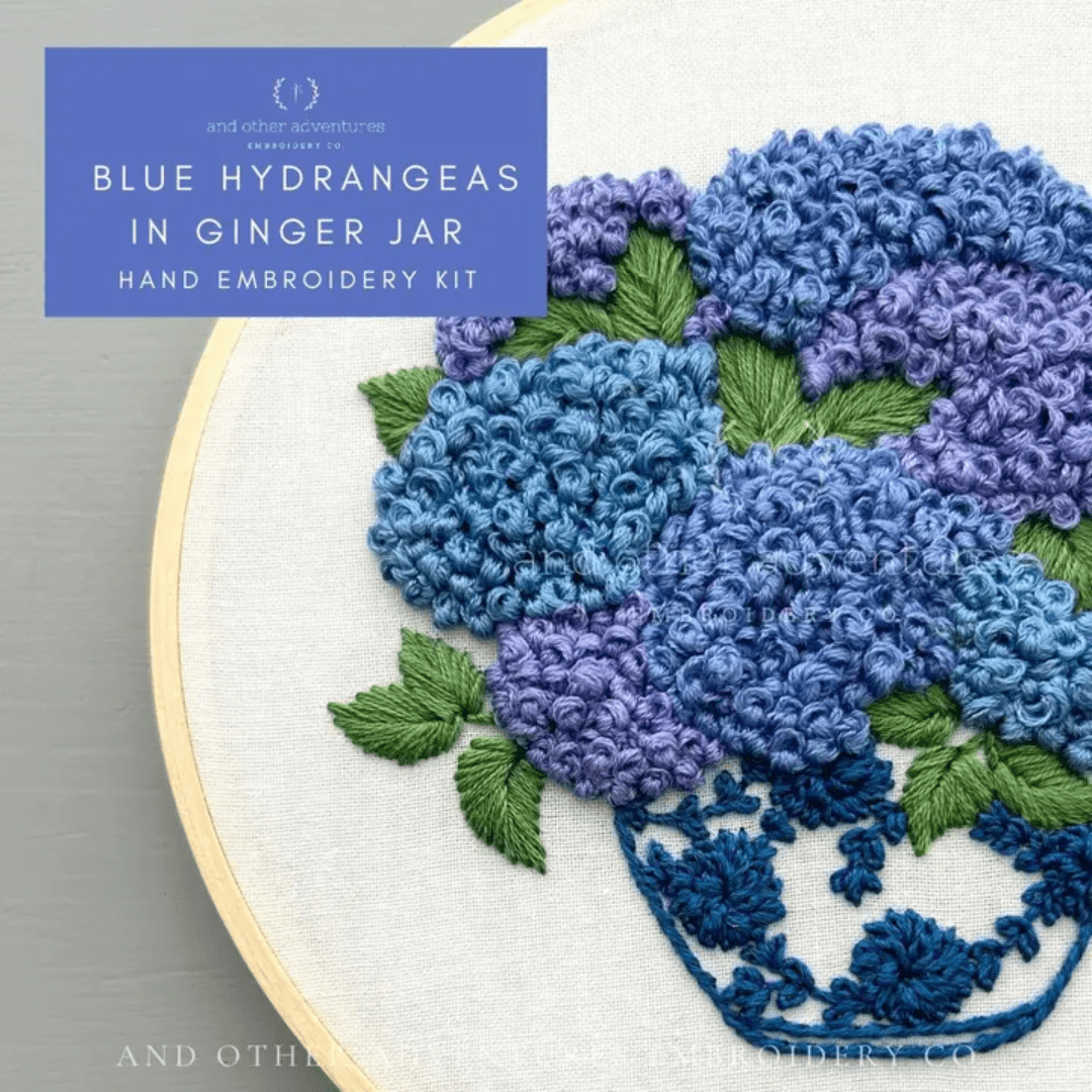 Blue Hydrangeas In Ginger Jar Intermediate Embroidery Kit - And Other Adventures Embroidery Co
