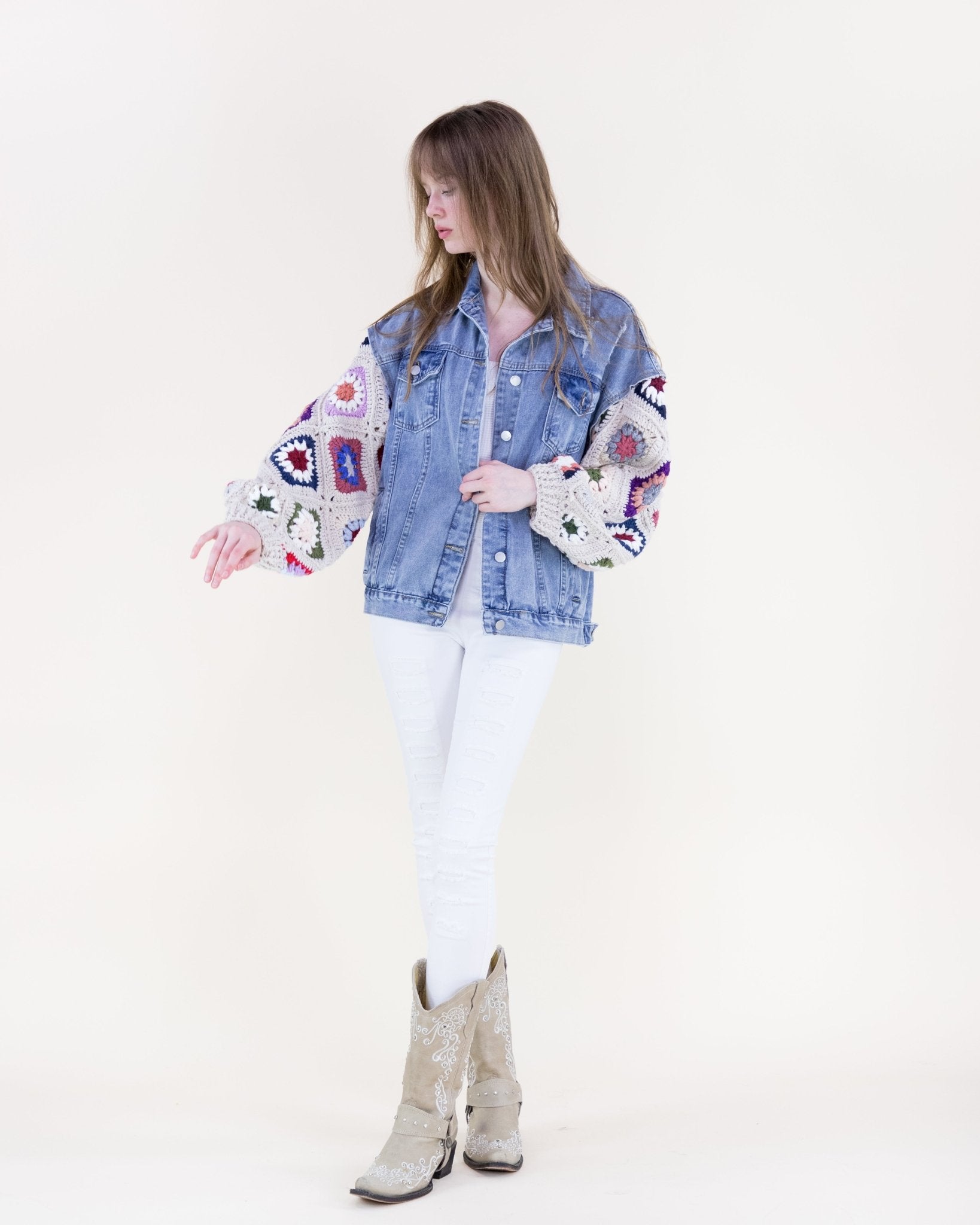 Boho Crochet Sleeve Denim Jacket - Beige - Very Moda