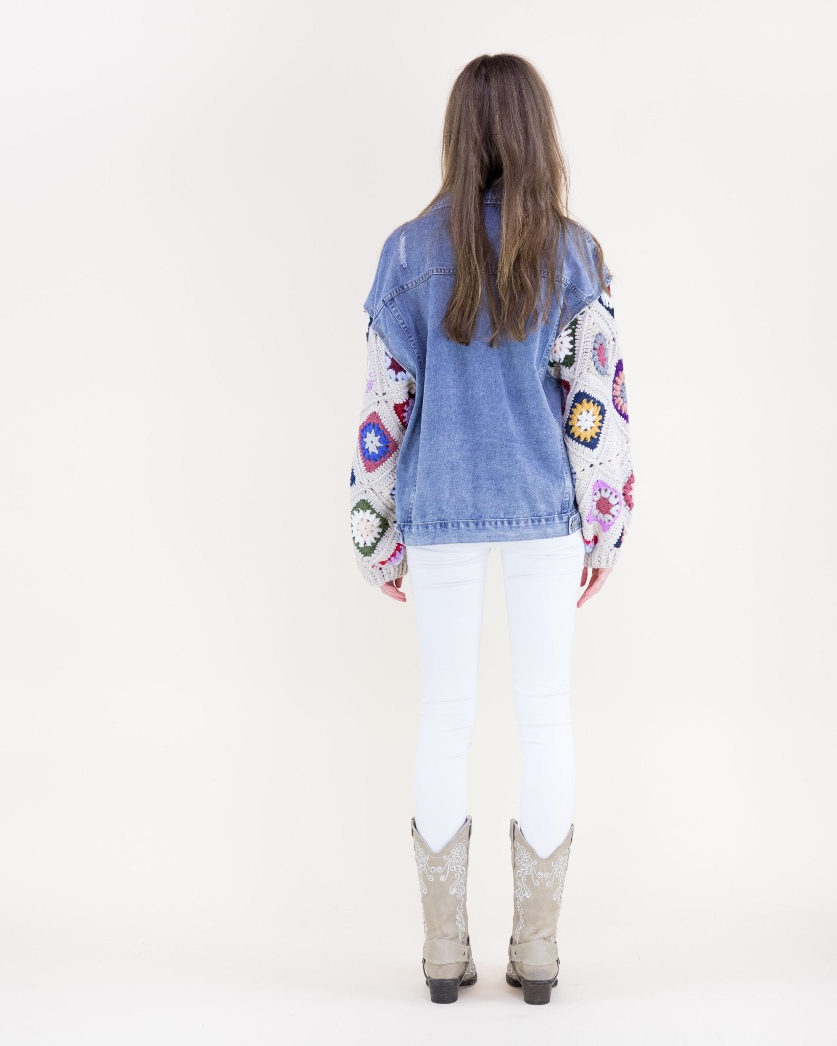 Boho Crochet Sleeve Denim Jacket - Beige - Very Moda