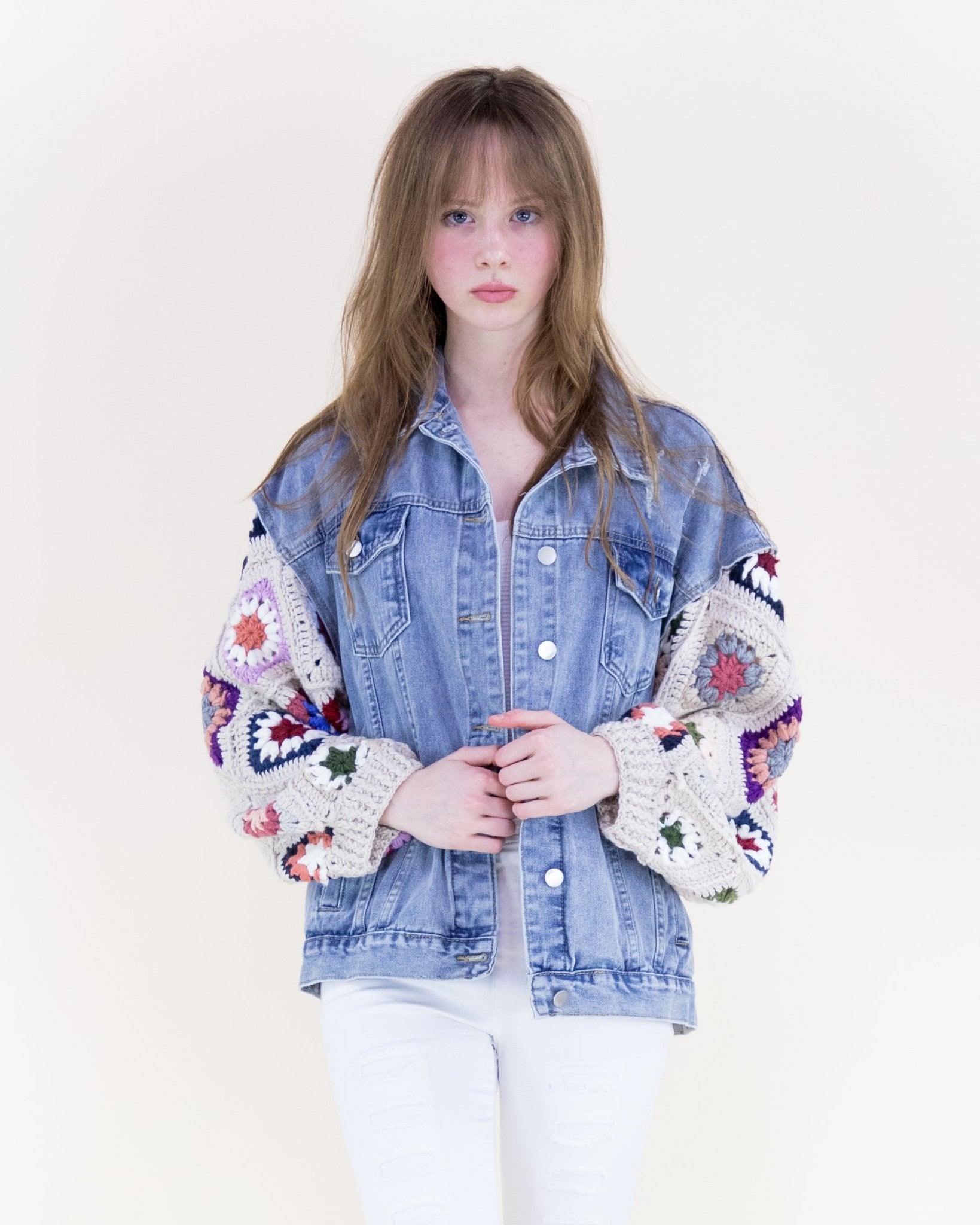 Boho Crochet Sleeve Denim Jacket - Beige - Very Moda
