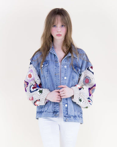 Boho Crochet Sleeve Denim Jacket - Beige - Very Moda