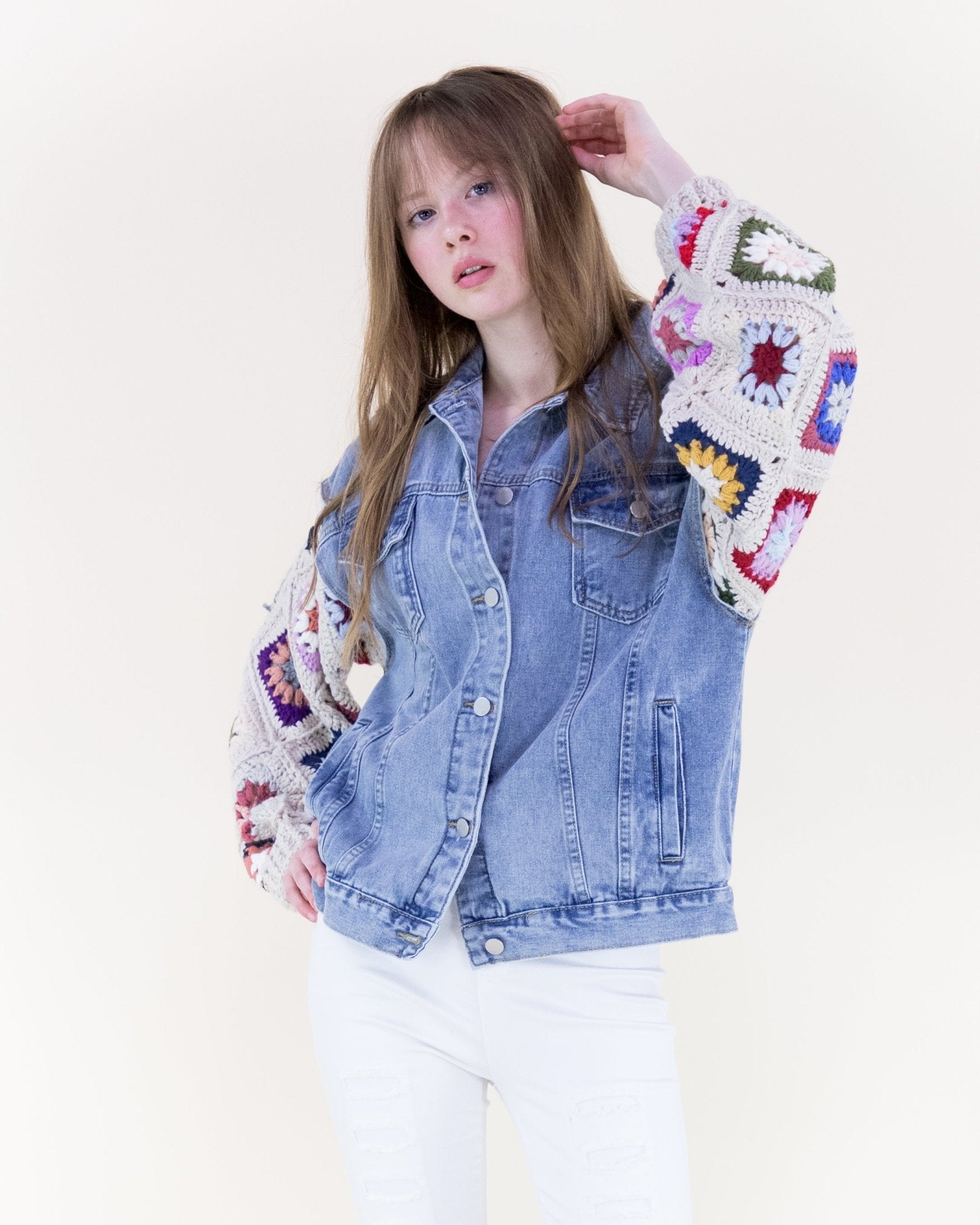 Boho Crochet Sleeve Denim Jacket - Beige - Very Moda