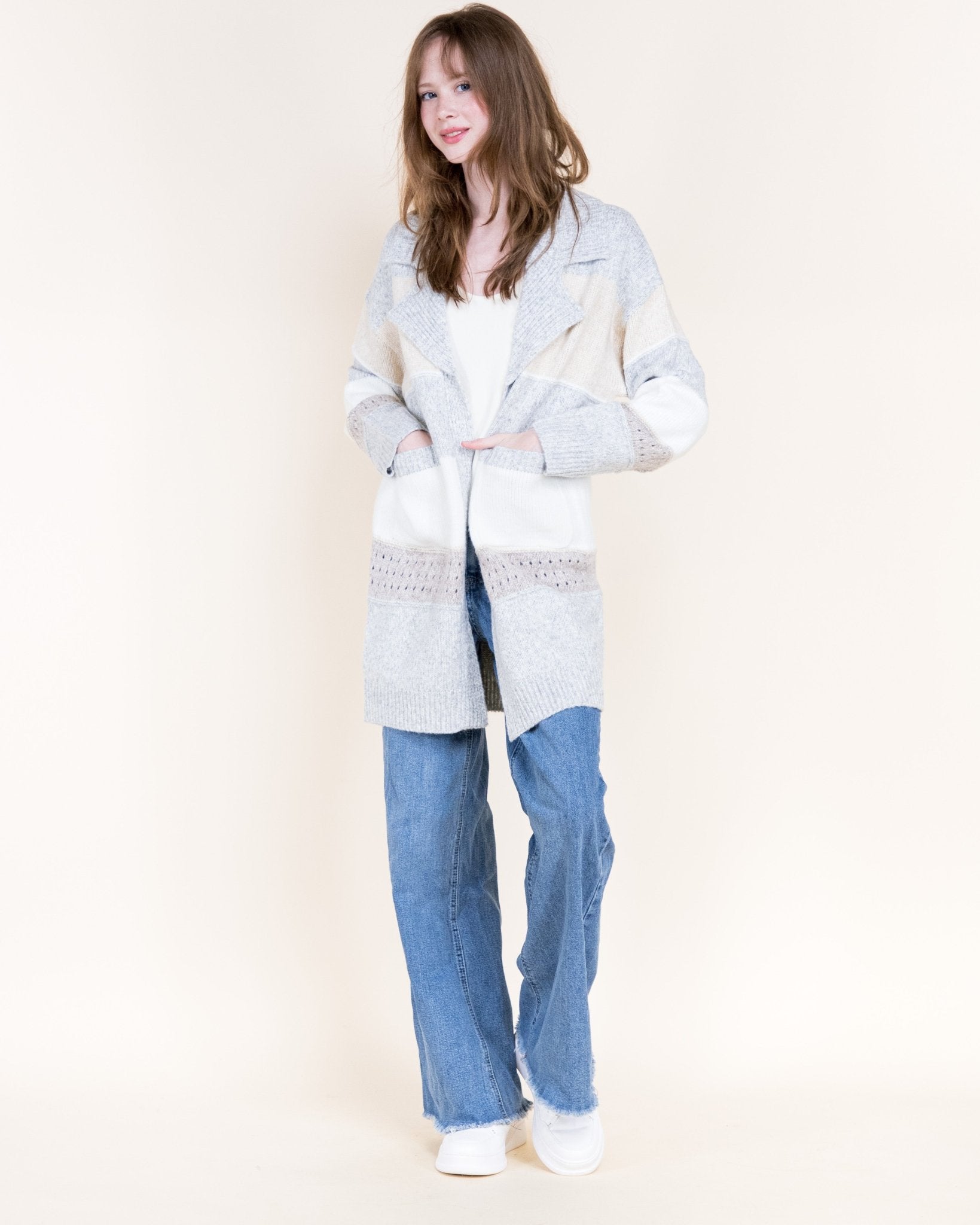 Chunky Colorblock Cardigan - Gray - Very Moda