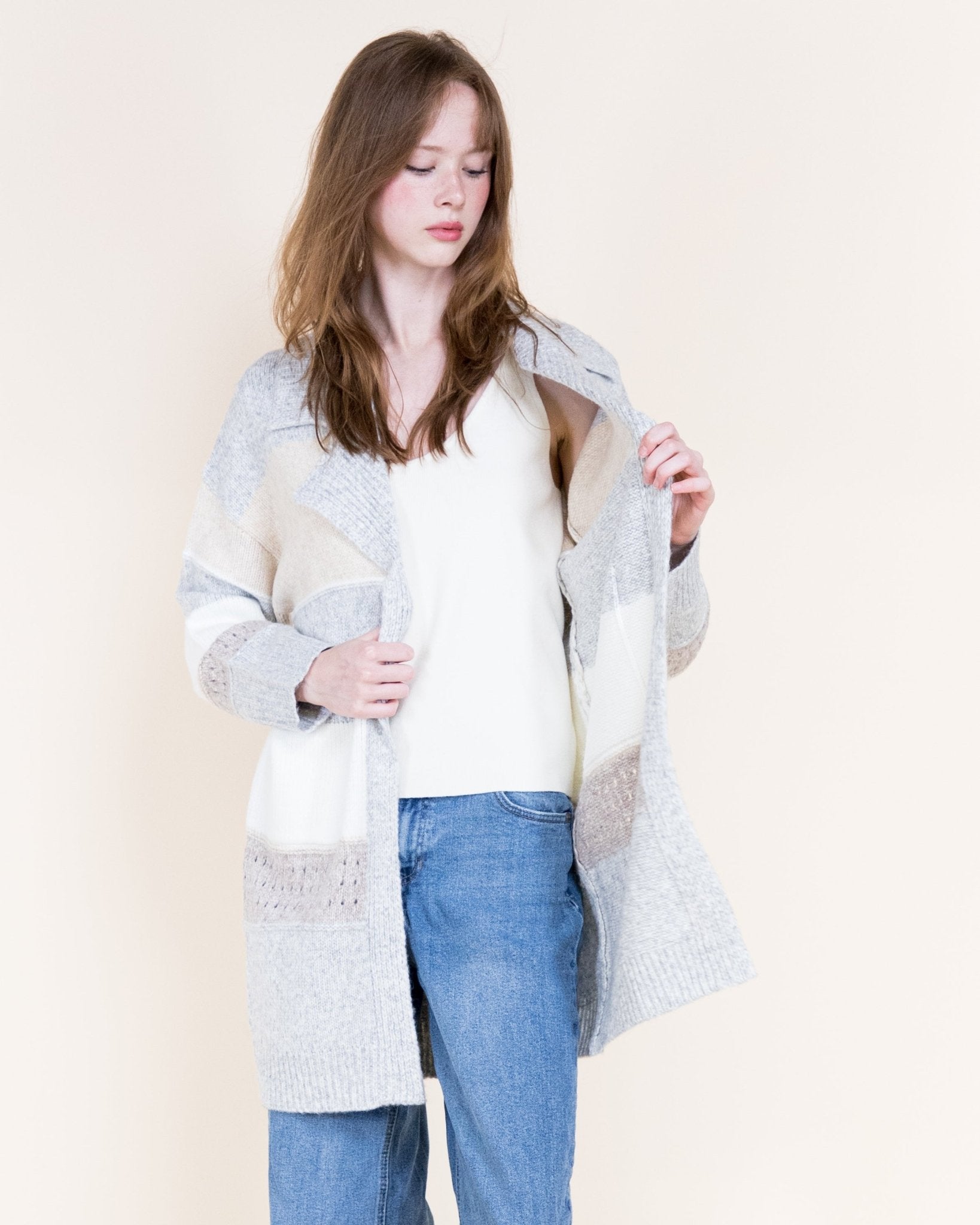 Chunky Colorblock Cardigan - Gray - Very Moda