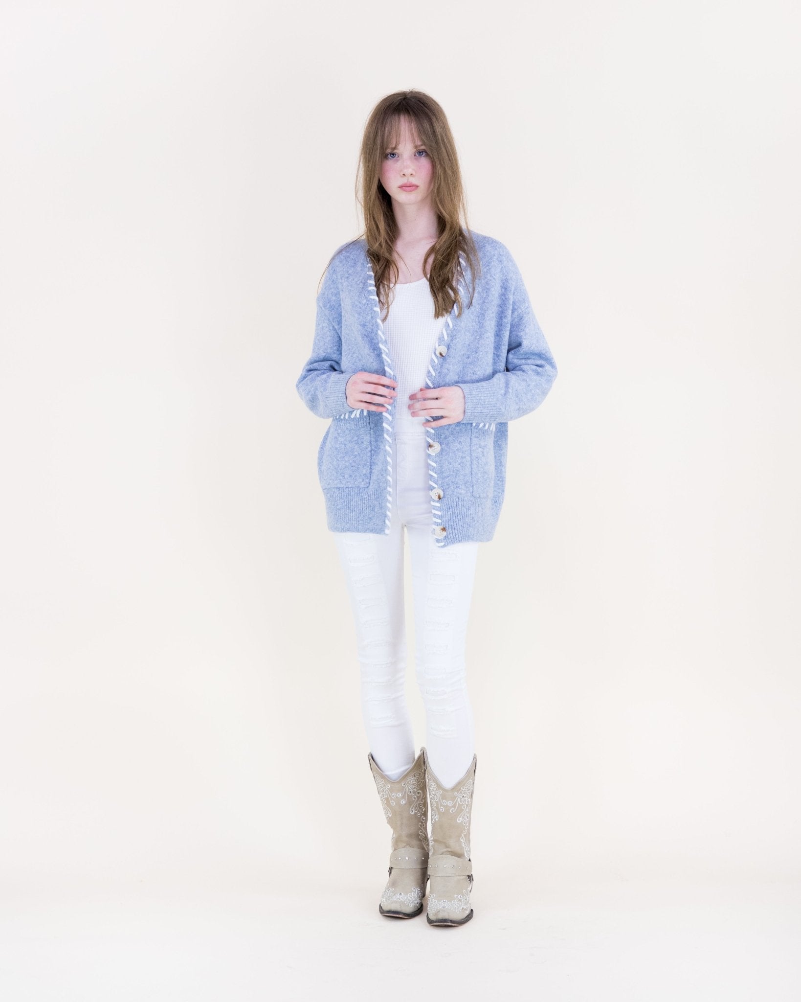 Contrast Whipstitch Cardigan - Denim - Very Moda
