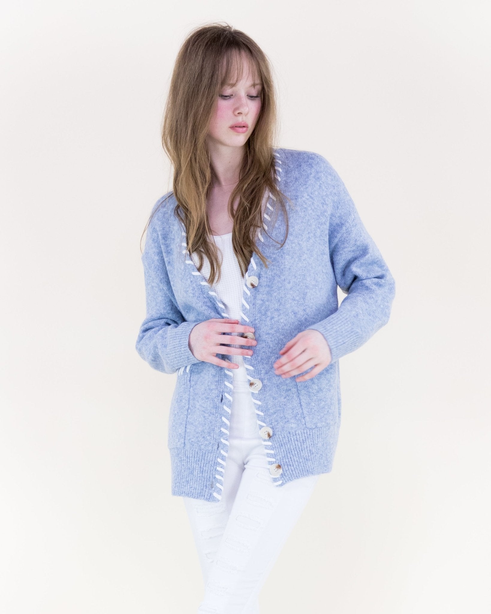 Contrast Whipstitch Cardigan - Denim - Very Moda