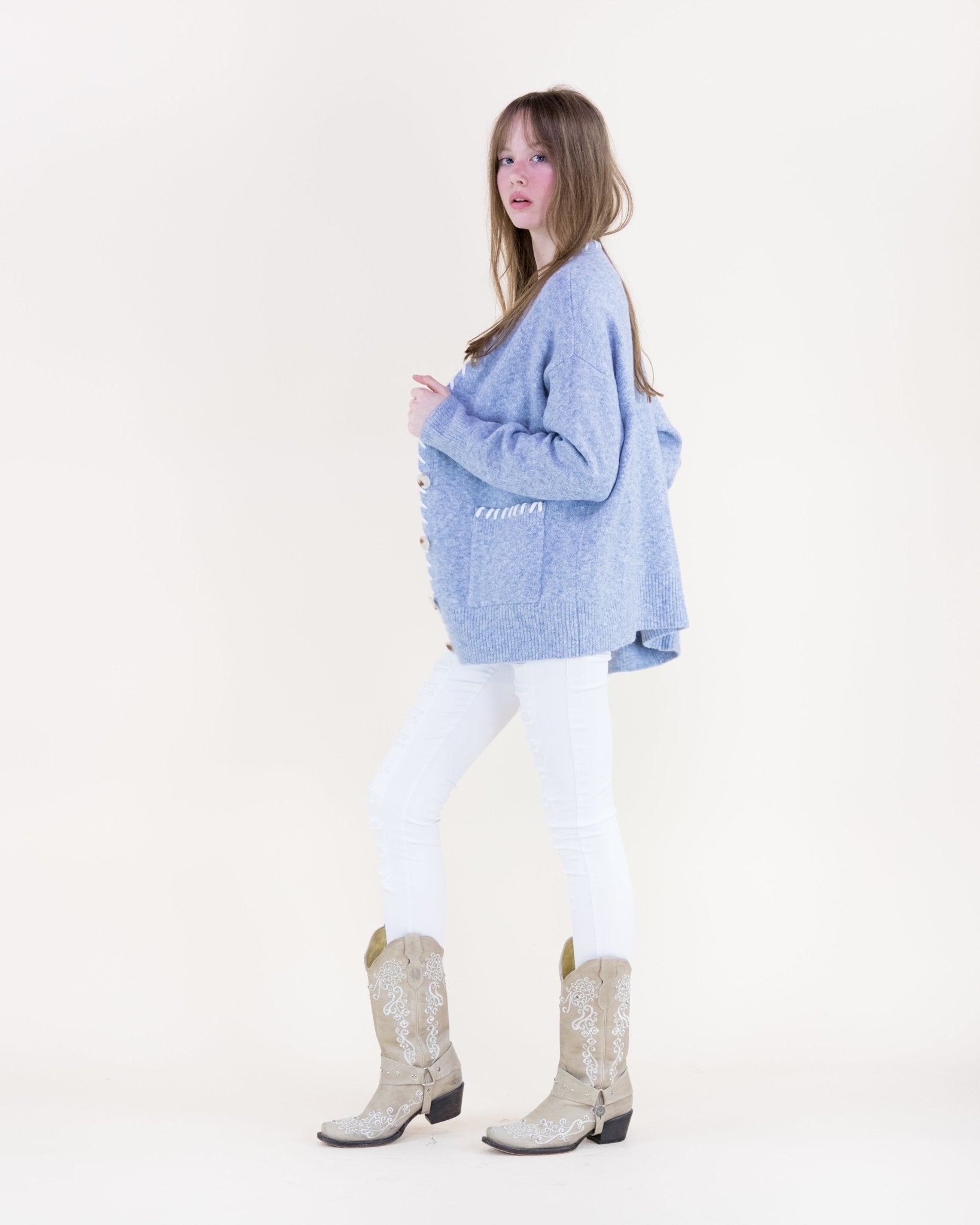 Contrast Whipstitch Cardigan - Denim - Very Moda