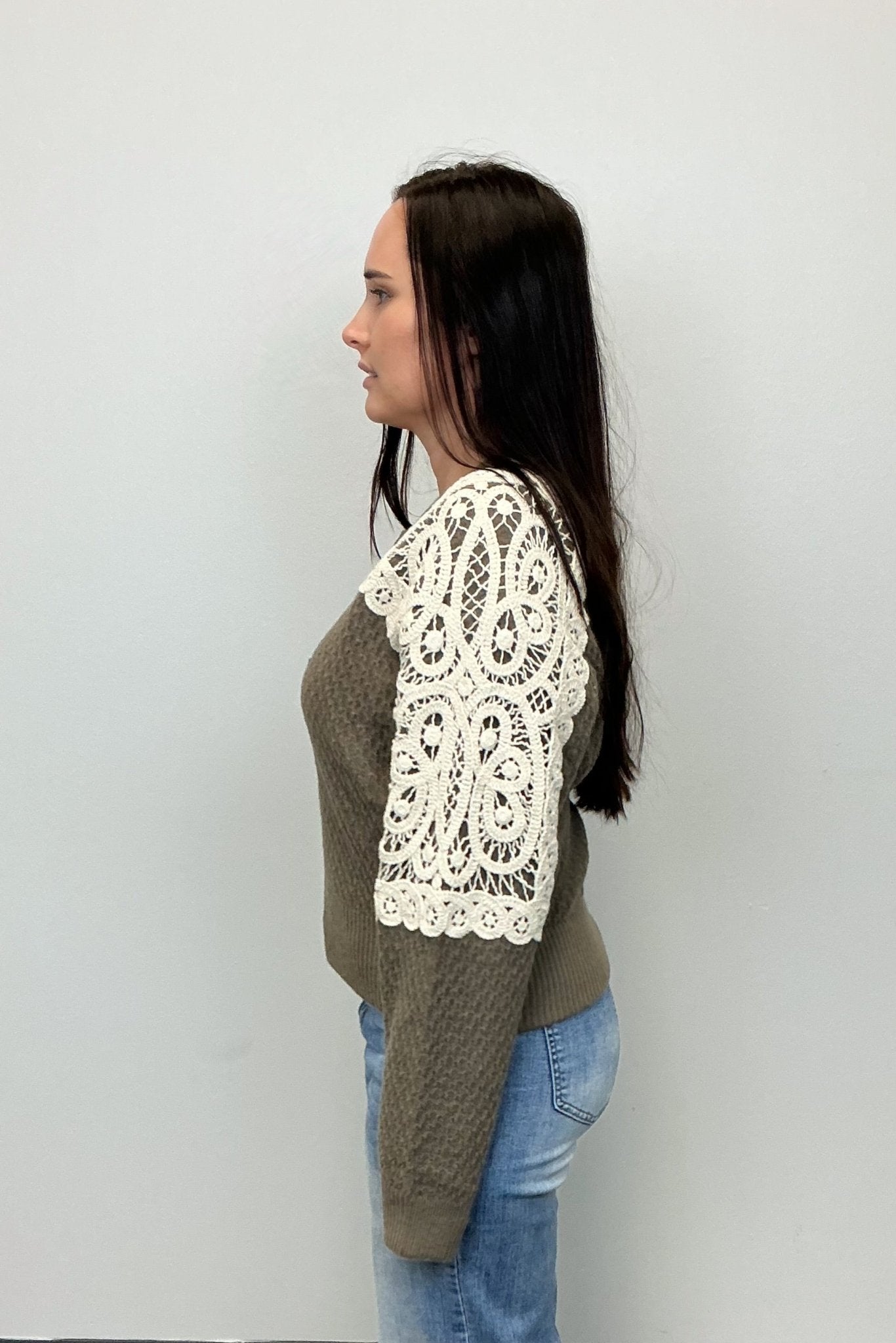 Crochet Shoulder Bomber Cardigan - Olive - Very Moda