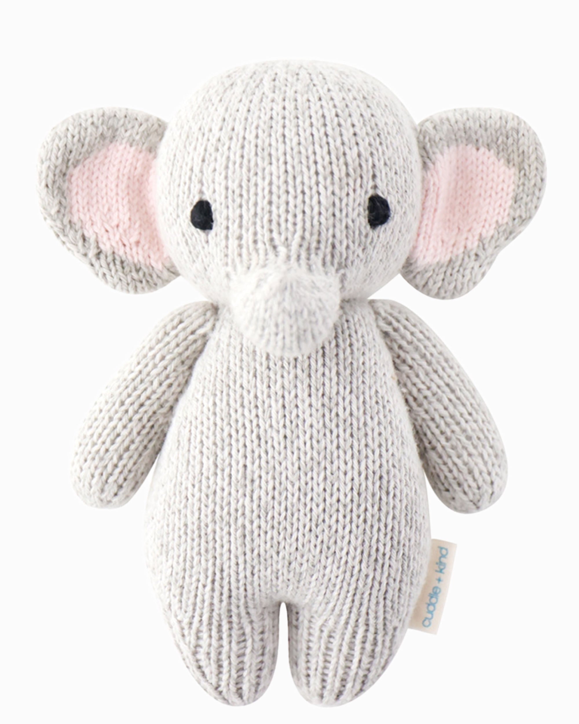 Hand-knit gray elephant stuffed animal with floppy ears, front view