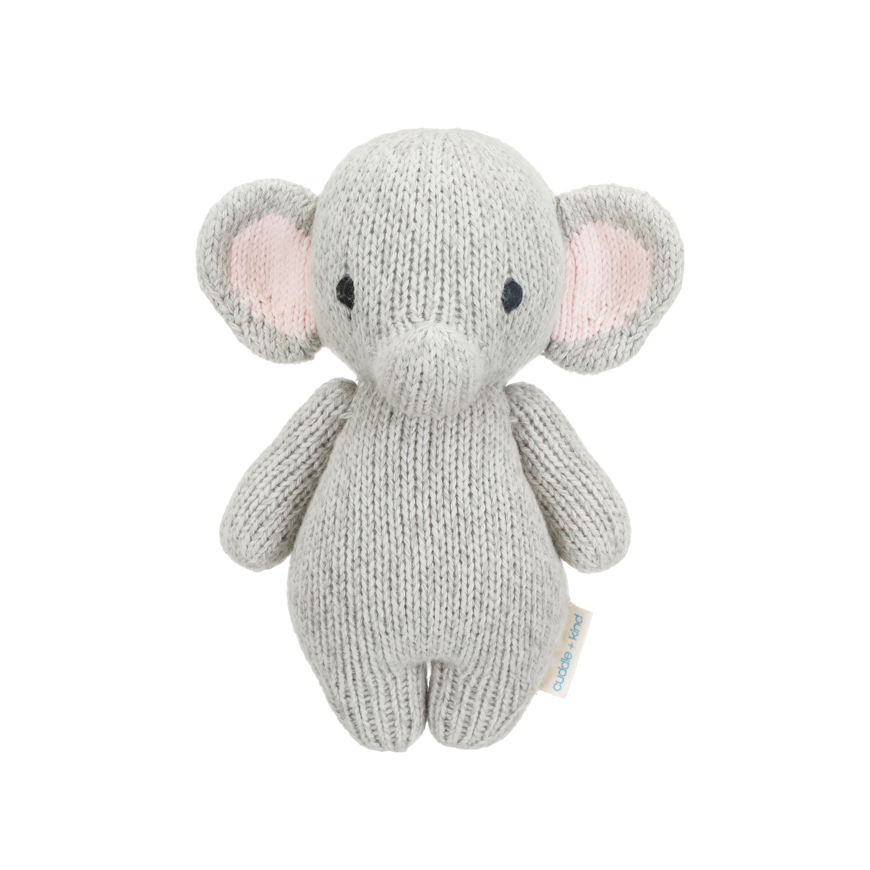 Hand-knit gray elephant stuffed animal shown from the front
