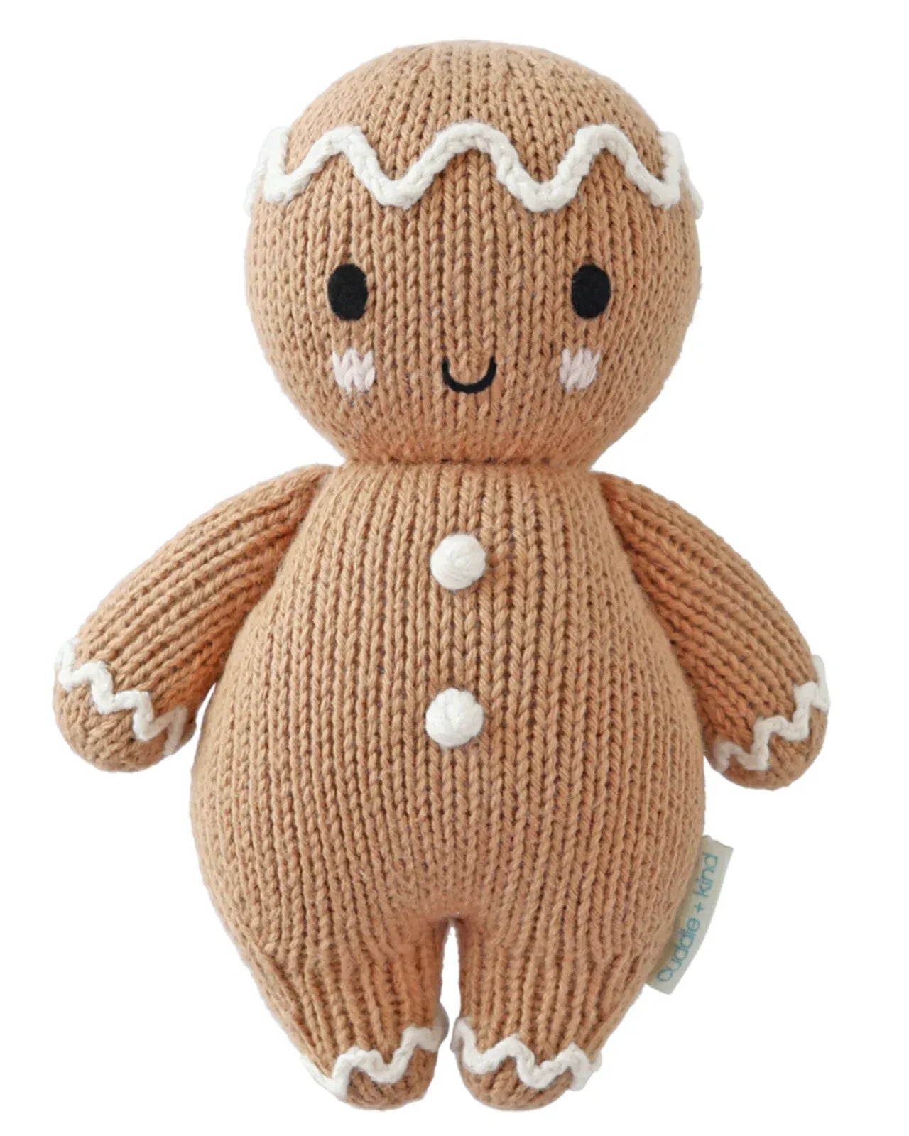 Hand-knit gingerbread stuffed toy with white icing trim and white buttons, front view