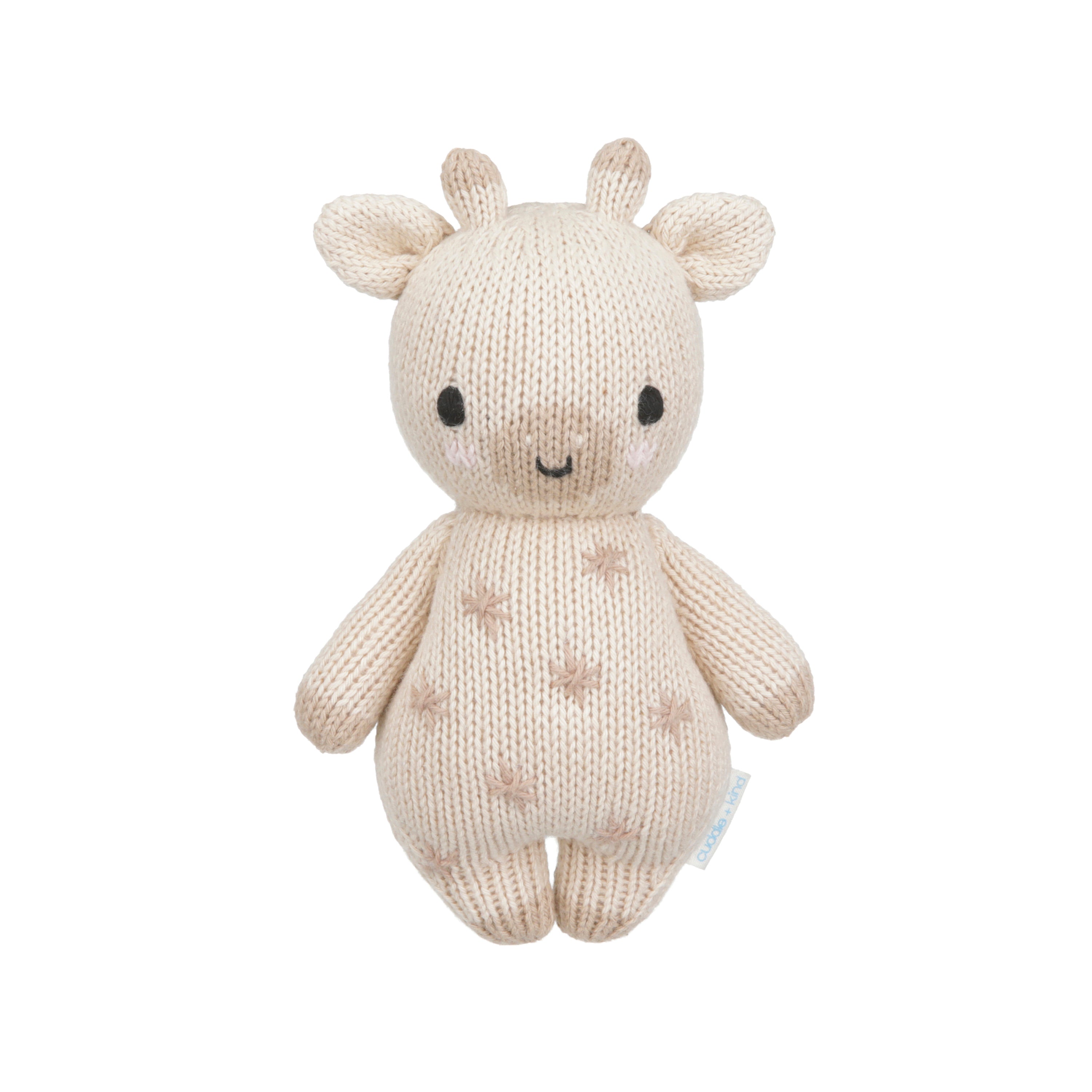 Hand-knit cream giraffe stuffed animal shown from the front