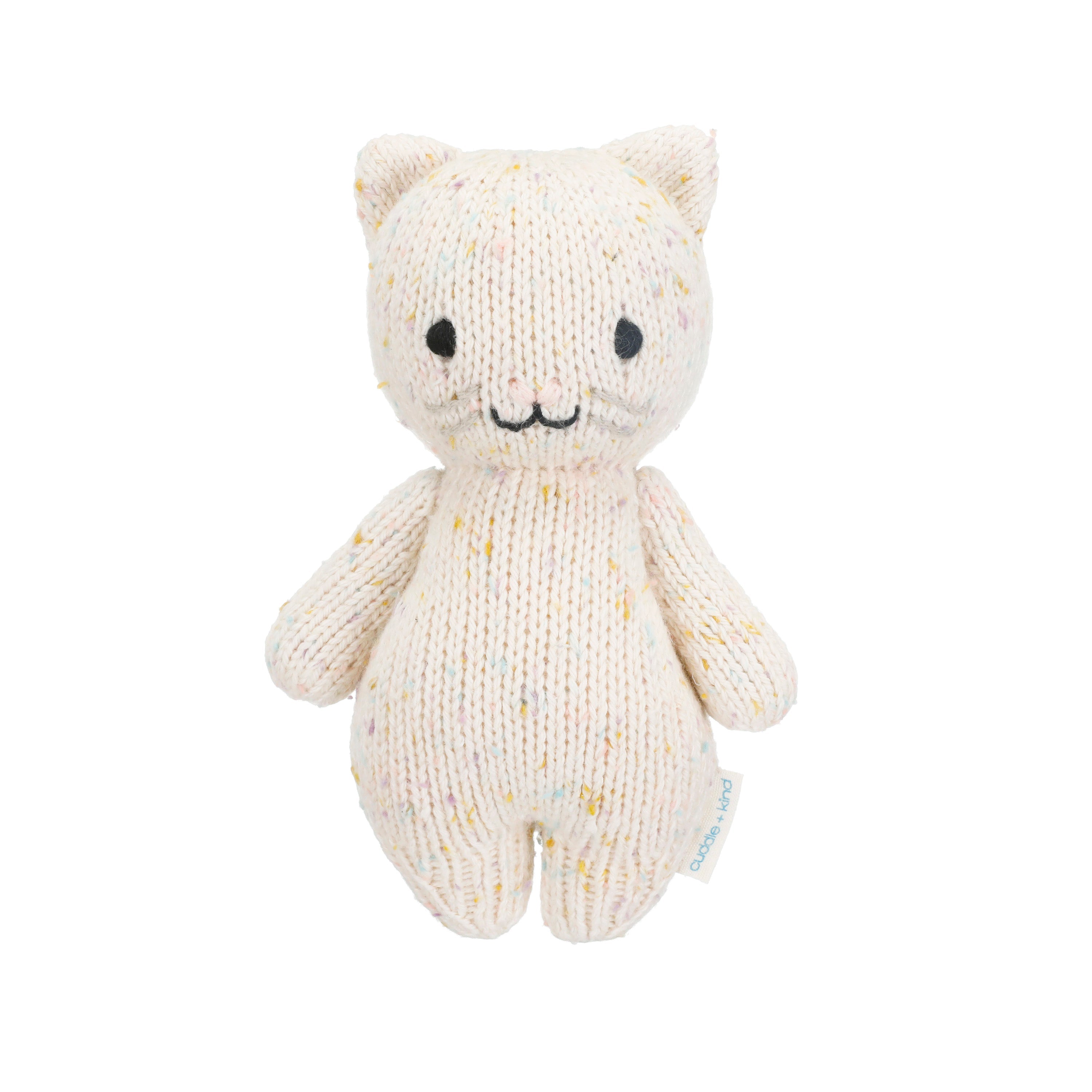 Hand-knit cream kitten stuffed animal shown from the front