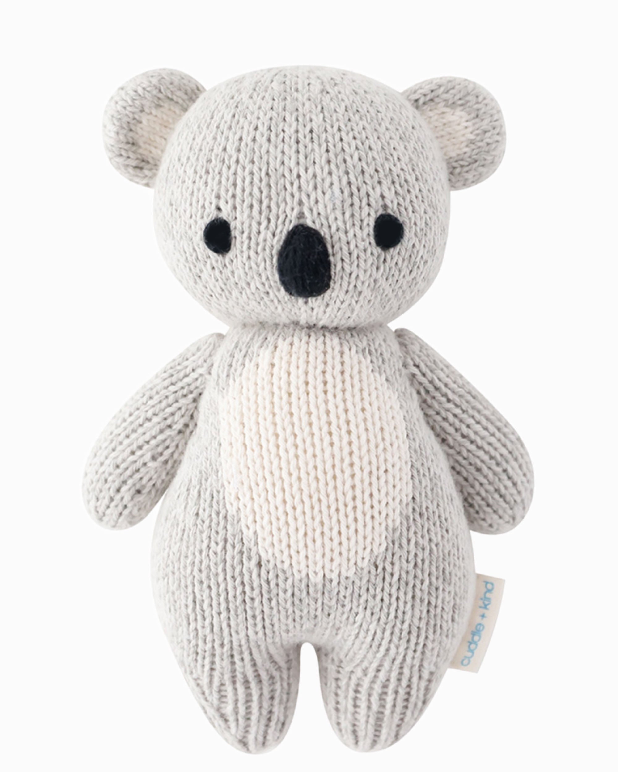 Hand-knit gray koala stuffed animal with a white tummy, front view