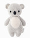 Hand-knit gray koala stuffed animal with a white tummy, front view