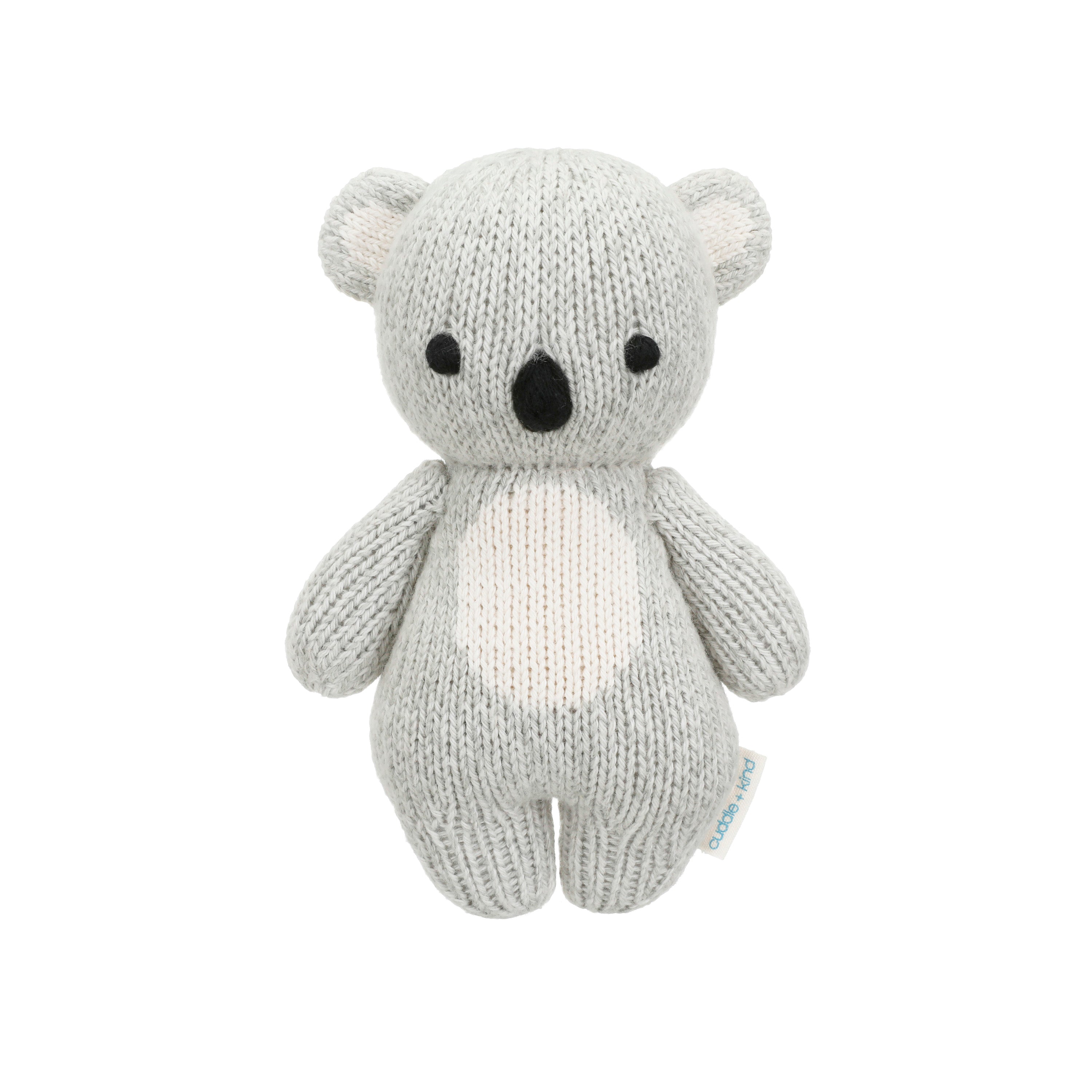 Hand-knit gray koala stuffed animal shown from the front