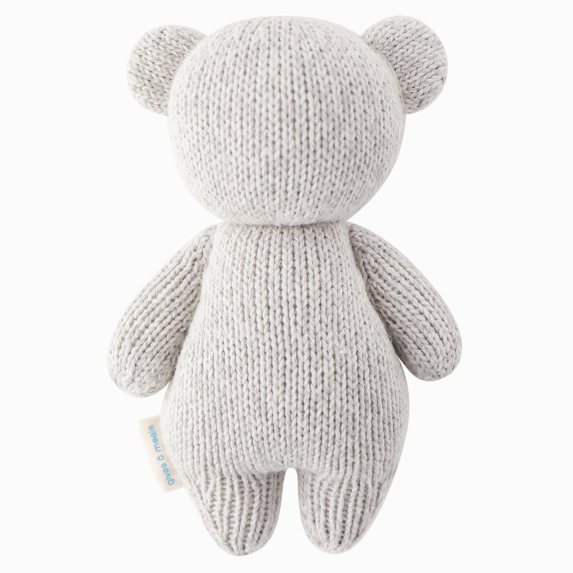 Back view of a hand-knit gray koala stuffed animal