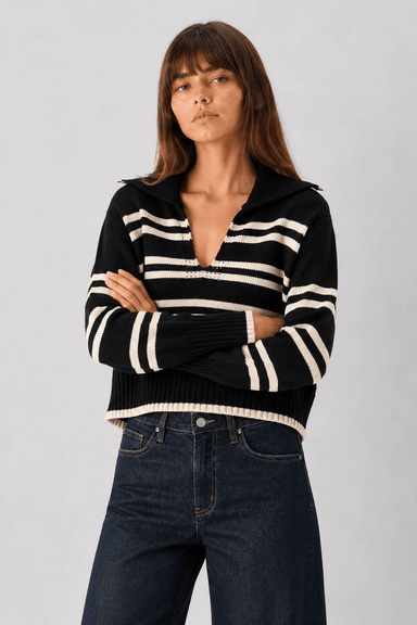 Elan Collared V-Neck Sweater- Black Stripe - Elan