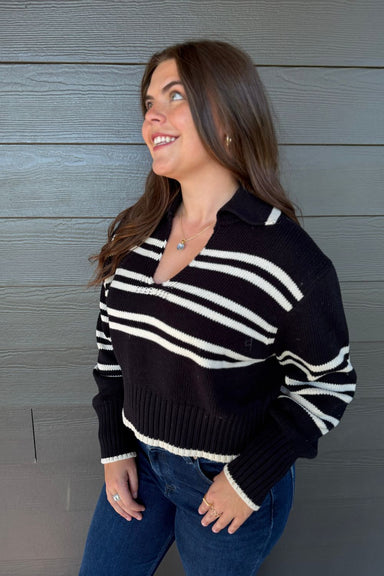Elan Collared V-Neck Sweater In Black Stripe - Elan