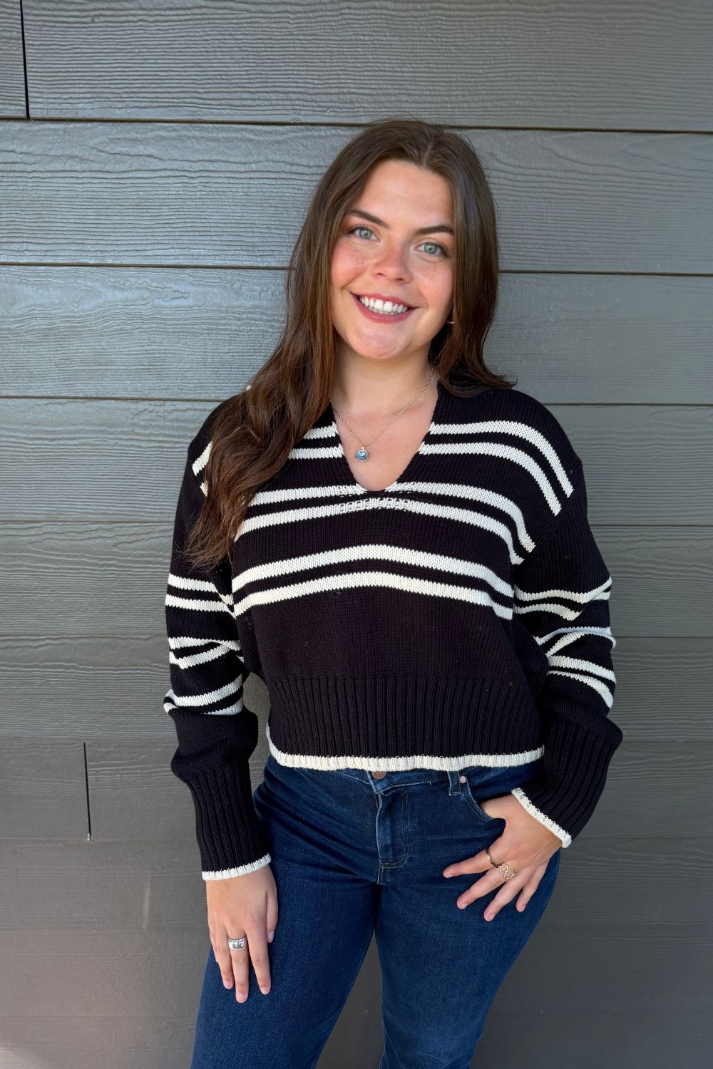 Elan Collared V-Neck Sweater In Black Stripe - Elan