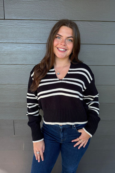 Elan Collared V-Neck Sweater In Black Stripe - Elan