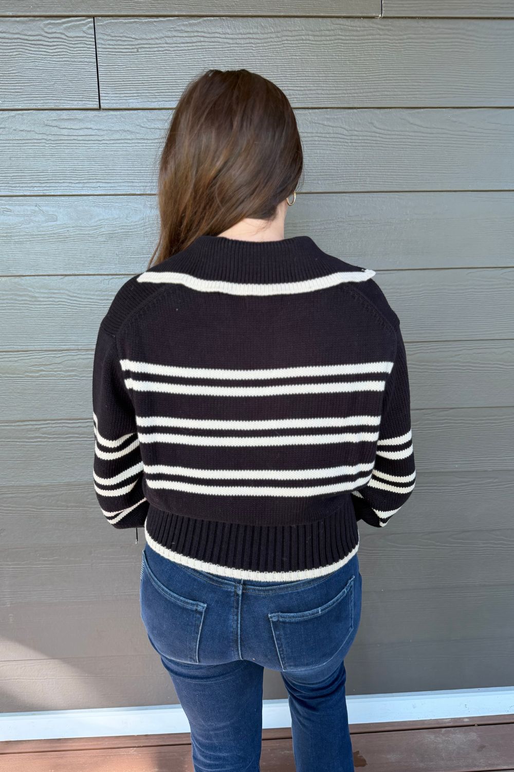 Elan Collared V-Neck Sweater In Black Stripe - Elan