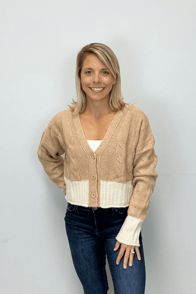Elan Cropped V - Neck Cardigan - Tan/Natural - Elan