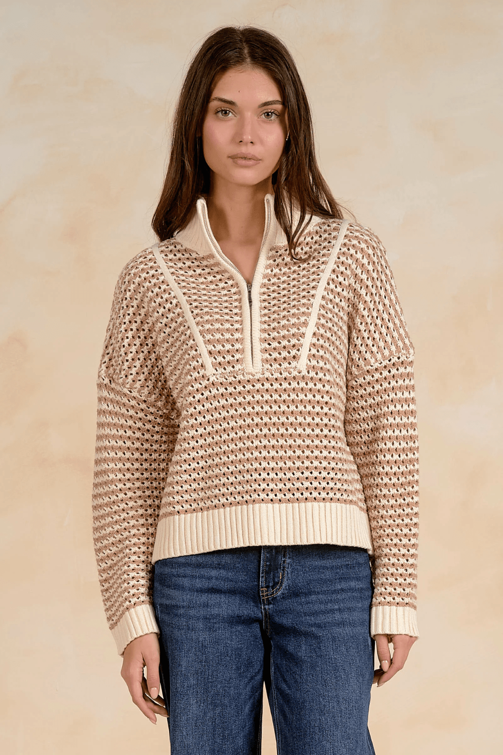 Elan Open Zip Sweater- Natural - Elan