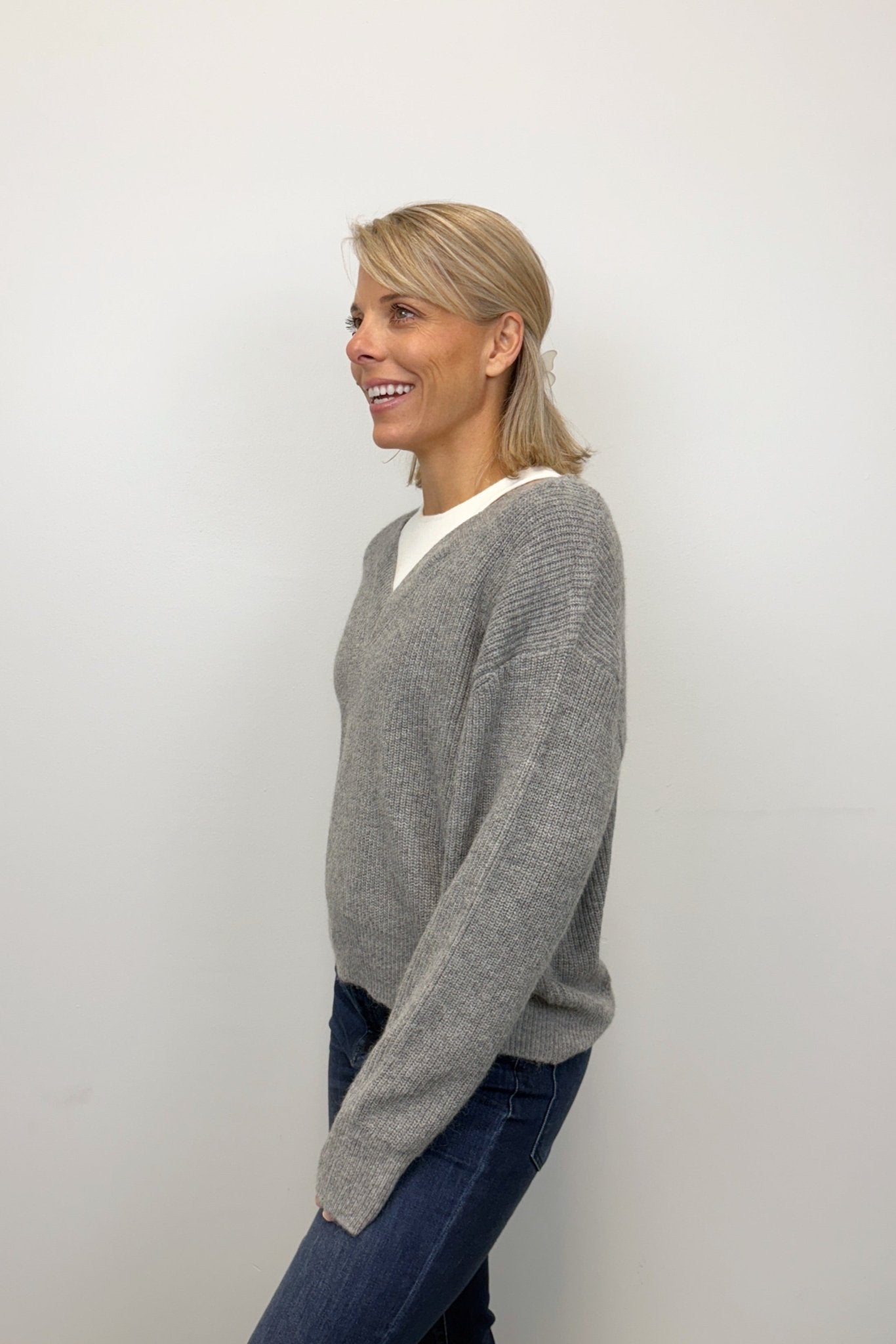 Elan V - Neck Mock Layer Sweater - Grey/White - Elan