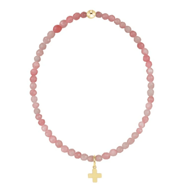Necklace with pink beads and a gold cross charm on a white background