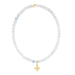 Necklace with white beads and gold cross on a white background