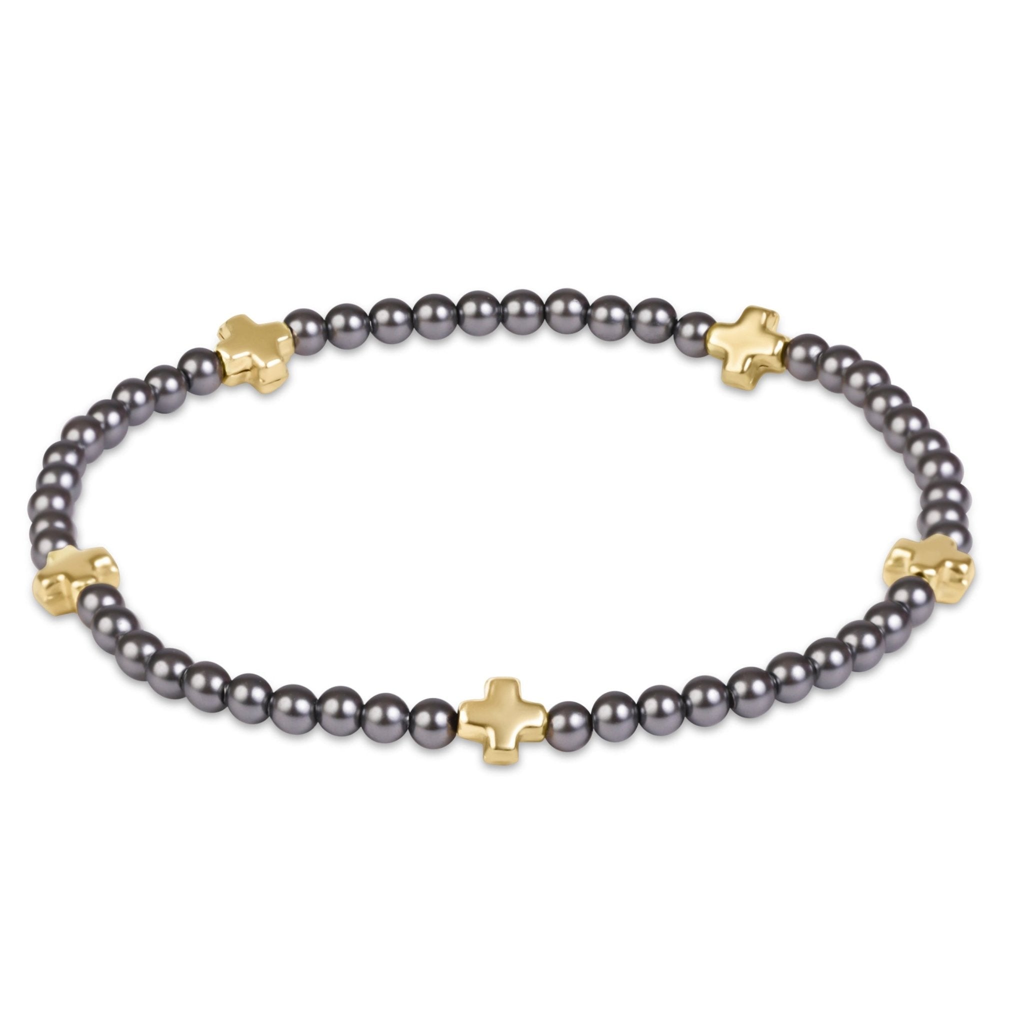 enewton Signature Cross Small 3mm Pearl Dark Grey Bracelet - Gold - Enewton