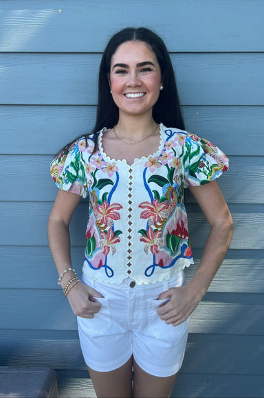 Farm Rio Garden of Life Scarf Scalloped Blouse - Farm Rio