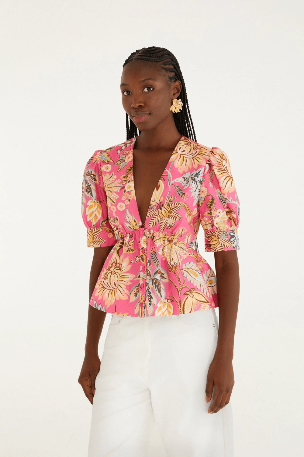 Farm Rio pink ligia floral puff sleeve blouse - Farm Rio
