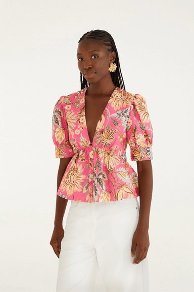 Farm Rio pink ligia floral puff sleeve blouse - Farm Rio