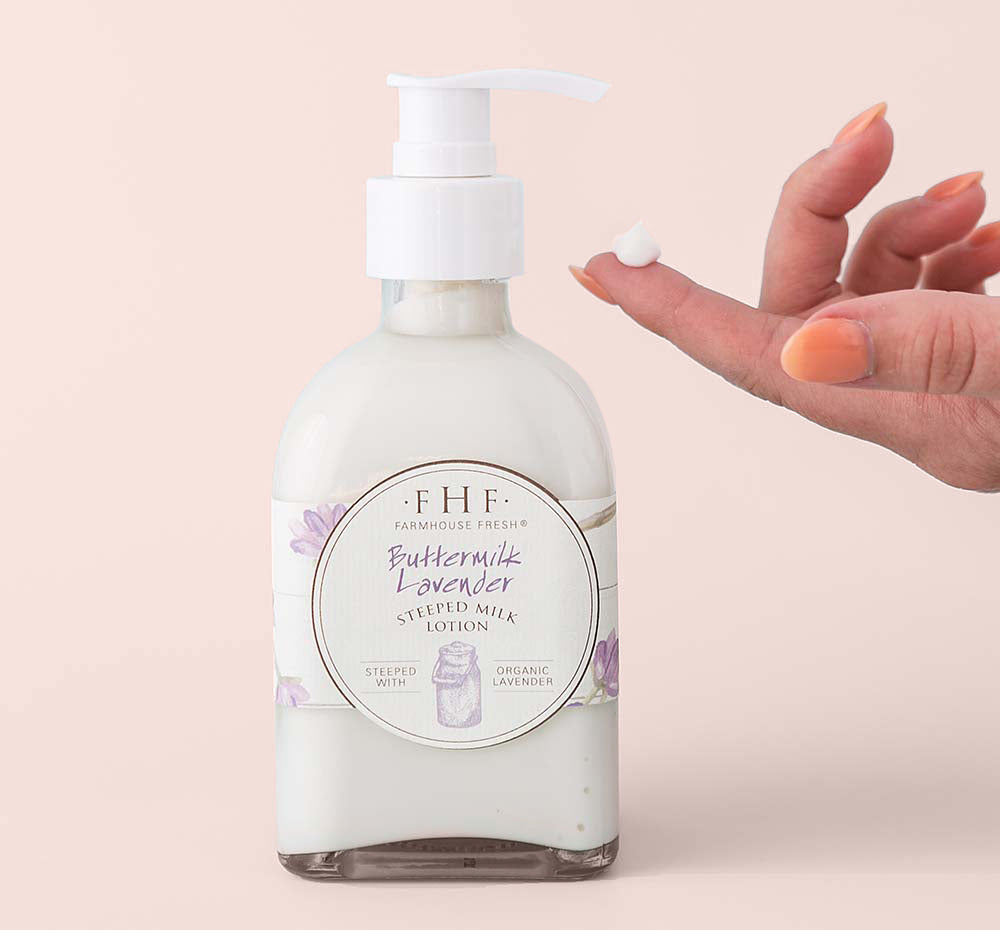 White pump bottle of Buttermilk Lavender lotion