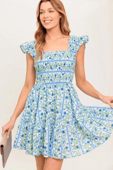 Flying Tomato Fairfax Geranium Woven Mini Dress - Ivory Blue - Flying Tomato