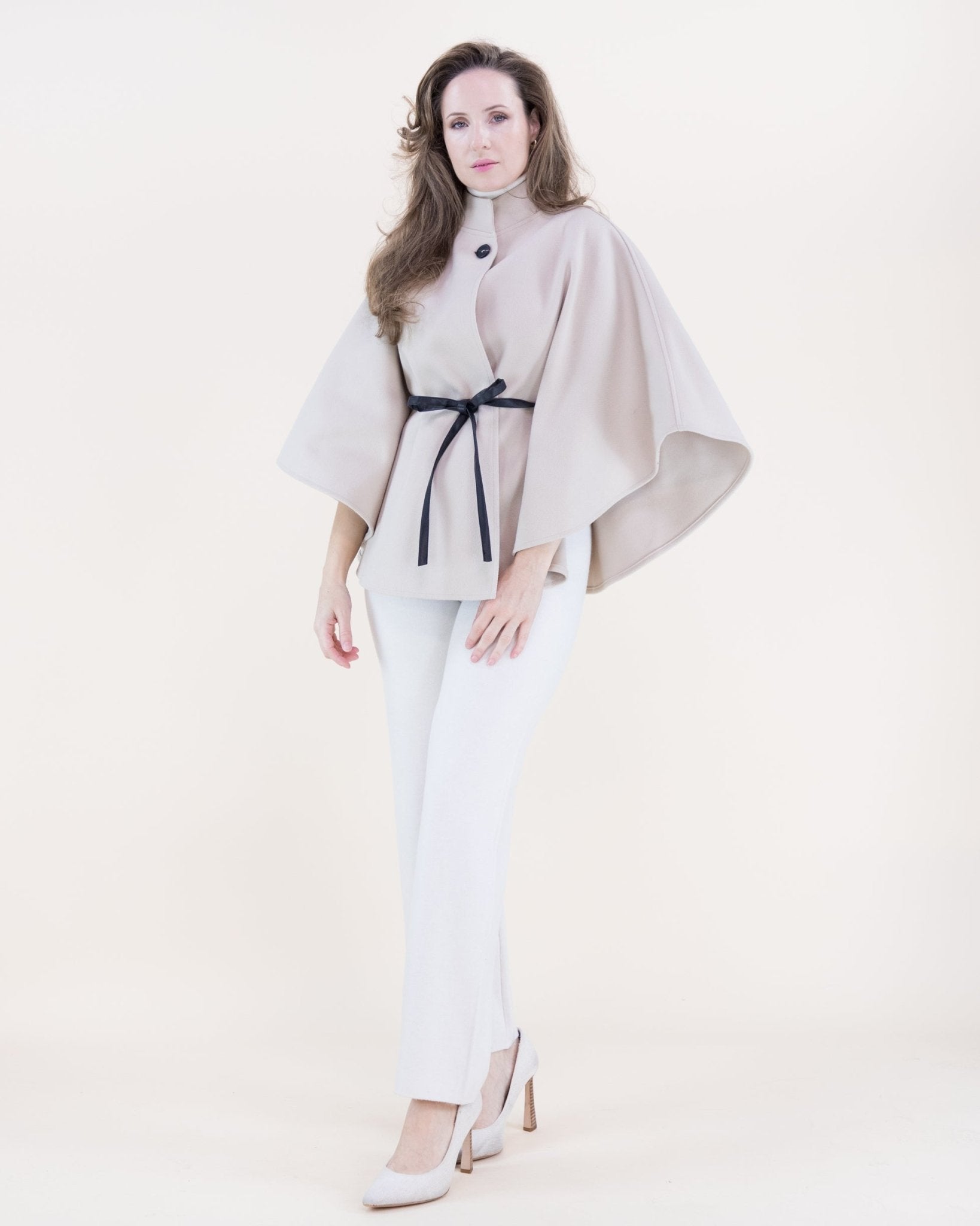 Funnel Neck Belt Cape - Beige - Very Moda