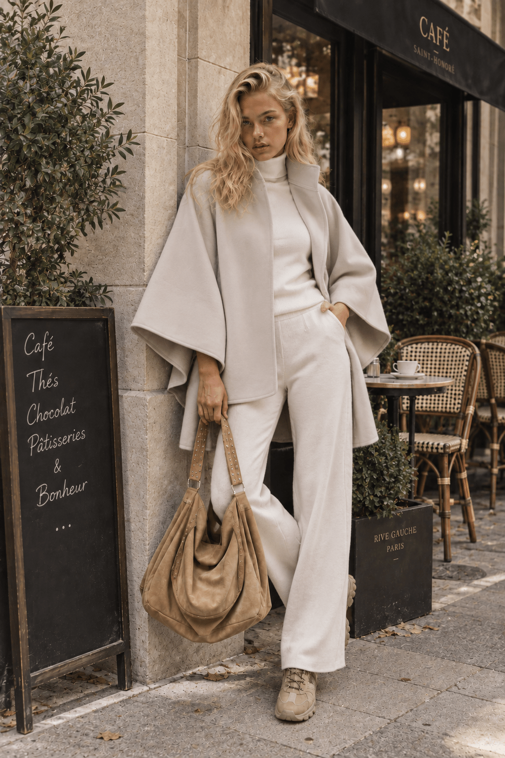 Funnel Neck Belt Cape - Beige - Very Moda